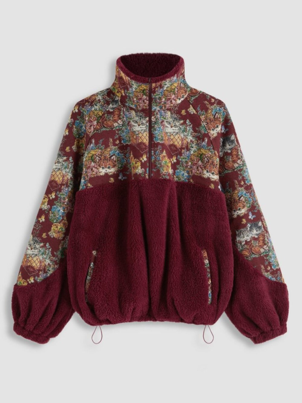 Cider Floral Cat Oversized Sherpa Half Zip Pullover Sweatshirt Cottagecore Small